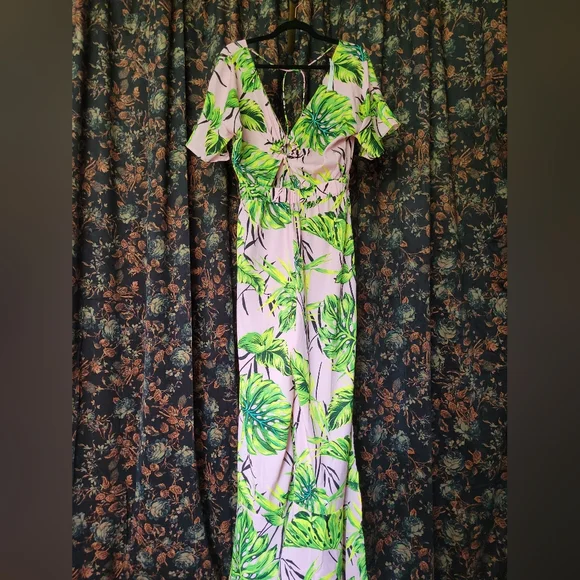 ASOS Jumpsuit, Size 8, Pink Palm Print Wide Leg Beach Jumpsuit NWT - Picture 3 of 6